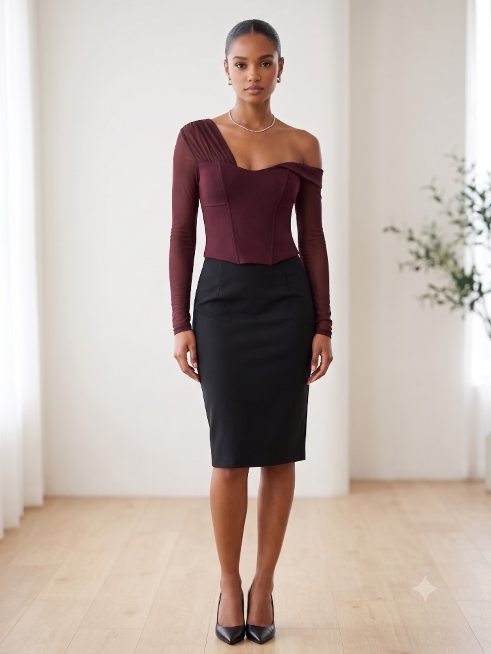NWT Bailey 44 Faith Top Burgundy Mesh Corset Asymmetrical One Shoulder -- Size 6